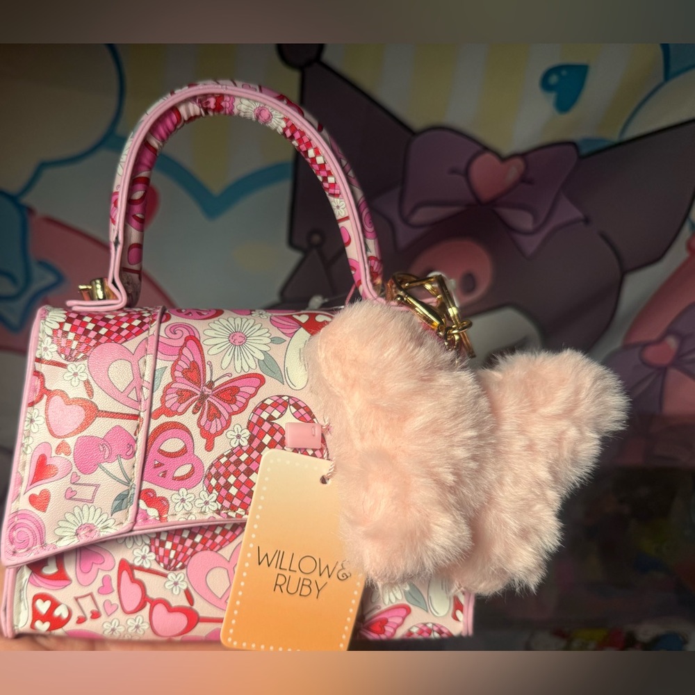 Willow & Ruby Pink Floral Handbag with Plush Charm